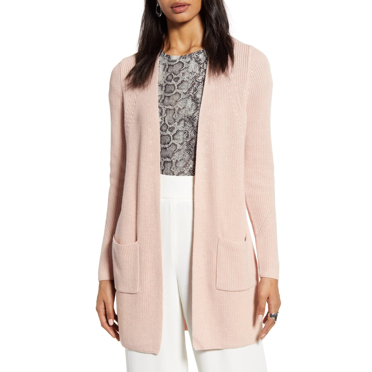 Halogen Long Ribbed Open Front Cardigan Sweater Long Sleeve Pink Smoke XX-Small Petite