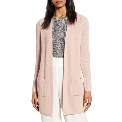 Halogen Long Ribbed Open Front Cardigan Sweater Long Sleeve Pink Smoke XX-Small Petite