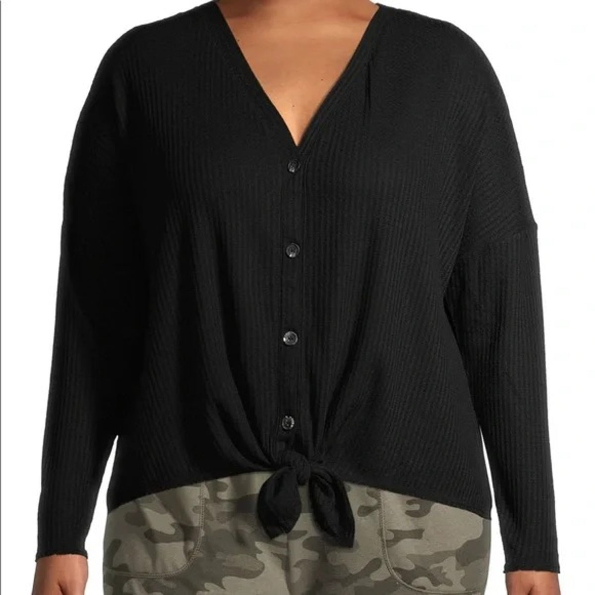 Curvy Sense NWT Plus Size Ramsey Black Waffle Button Tie Front Size 4X