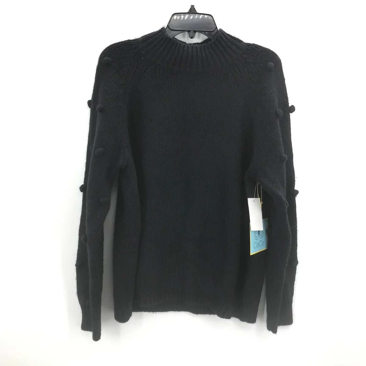 Cece Black Ball Sleeves Knitted Sweater Ribbed Crew Neck Size Medium NWT