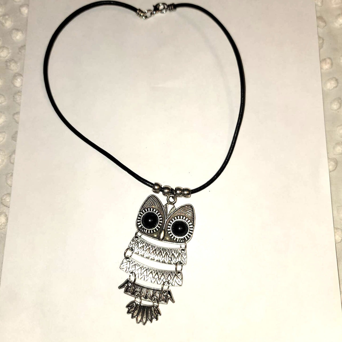 New metal black aged silvertone TIERED Big Eye Owl Necklace Vinyl Chocker Slide