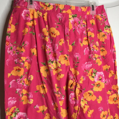 Emma James Stretch Capris Pant Pleated Front Bright Pink Floral Cotton Size 12