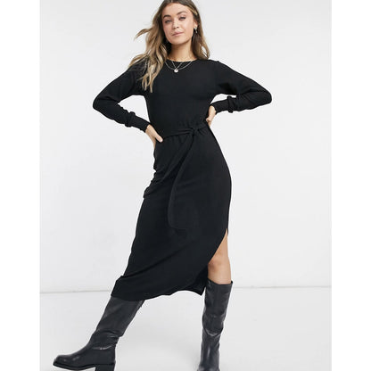TOPSHOP Knitted Midi Dress In Black Size US 4 Long sleeved side slit
