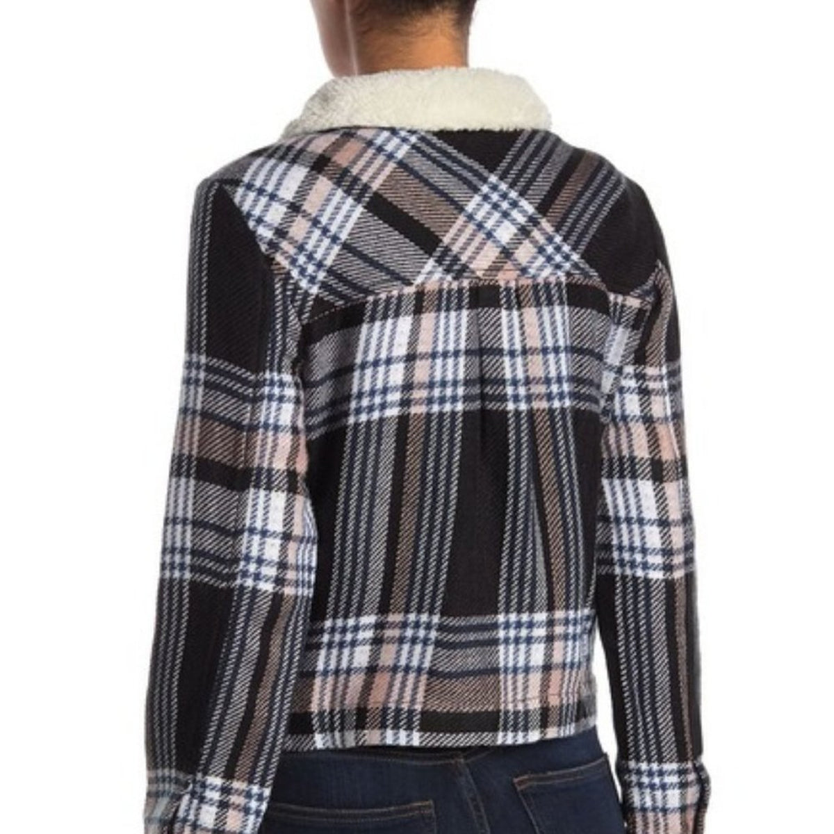 NEW SUSINA Faux Shearling Trim Jacket Long Sleeve SMALL Button Black Naya Plaid