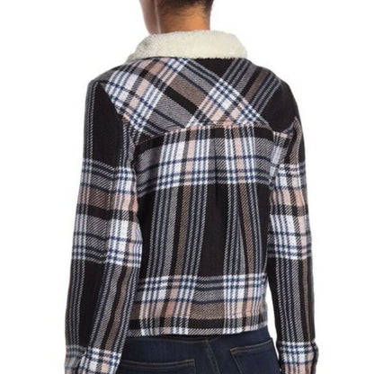NEW SUSINA Faux Shearling Trim Jacket Long Sleeve SMALL Button Black Naya Plaid
