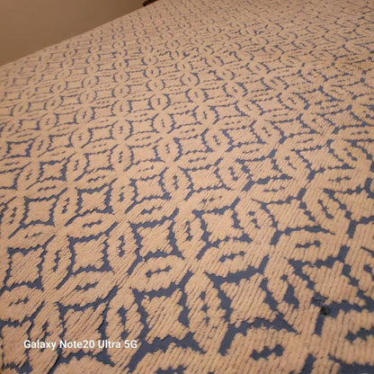 Vintage blue white chenille Bedspread coverlet queen fringe 90" x 100"