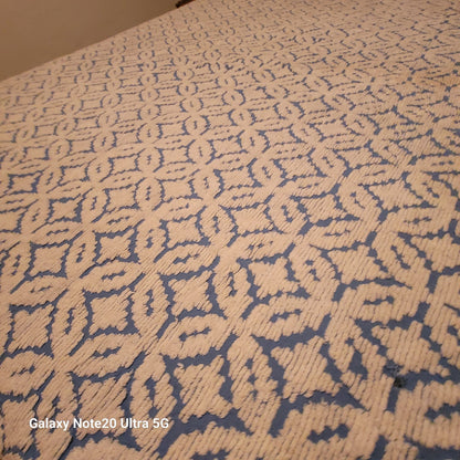 Vintage blue white chenille Bedspread coverlet queen fringe 90" x 100"