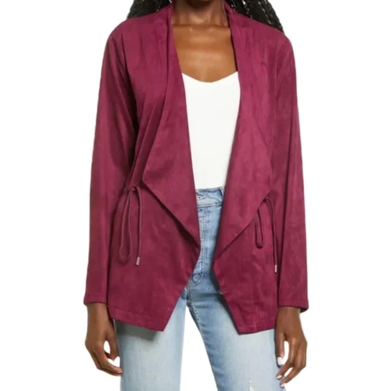 BLANKNYC Drawstring Waist Faux Suede Drape Lapel Jacket Sz Large Burgundy NWT