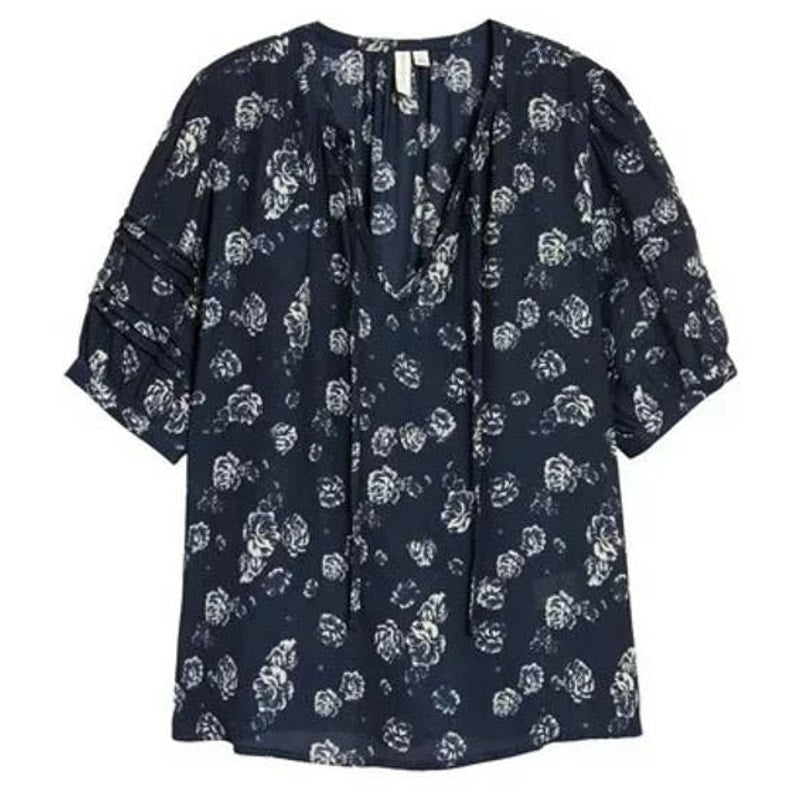 Treasure & Bond Pleat Sleeve Peasant Blouse Sz XS/Extra Small in Navy Floral NWT