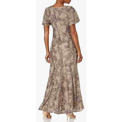 Alex Evenings Long Formal Sequin Dress Short Flutter Sleeve Size 16 Taupe NWT
