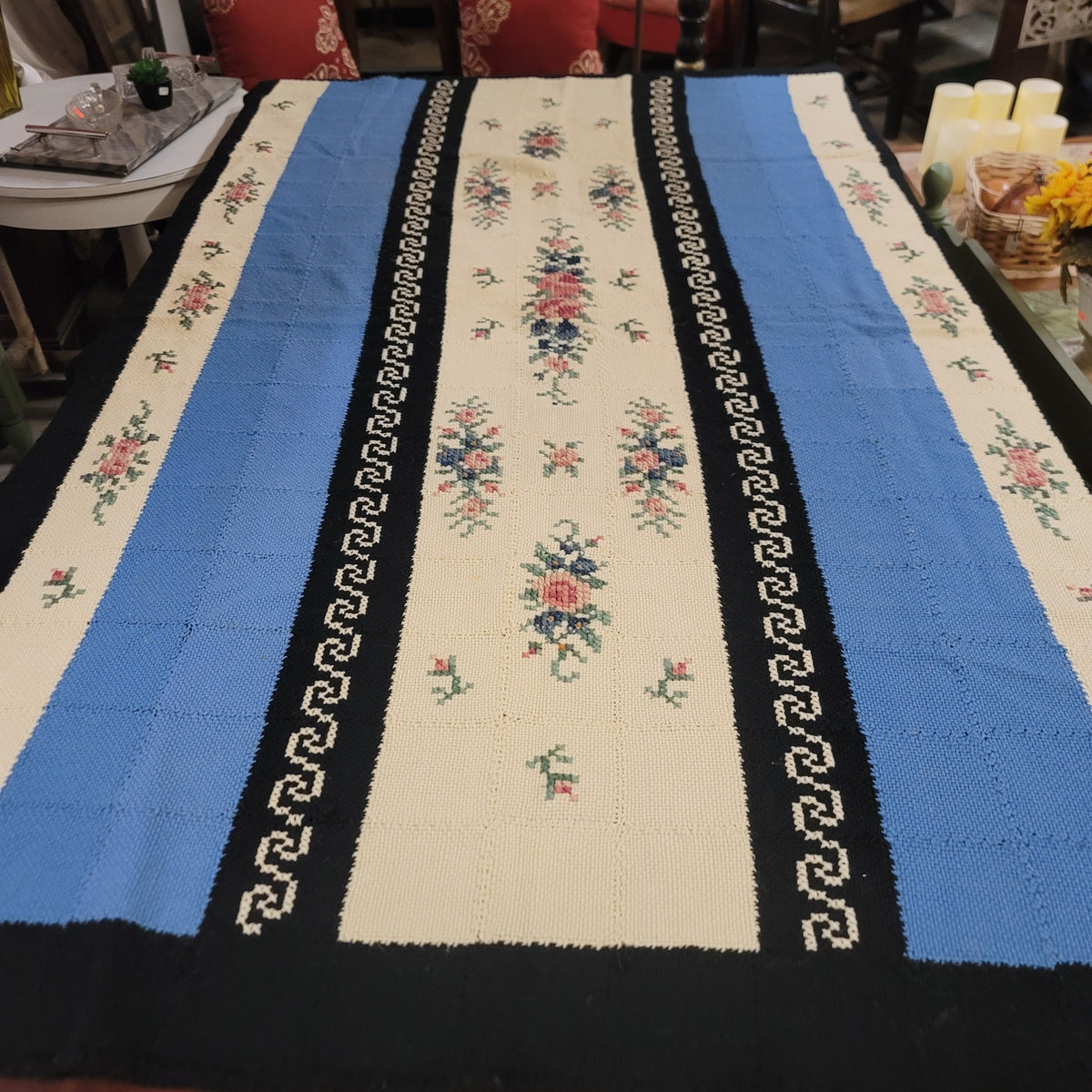 Handmade coverlet Needlework Floral Colorblock Blue Black Blanket Bedspread VTG