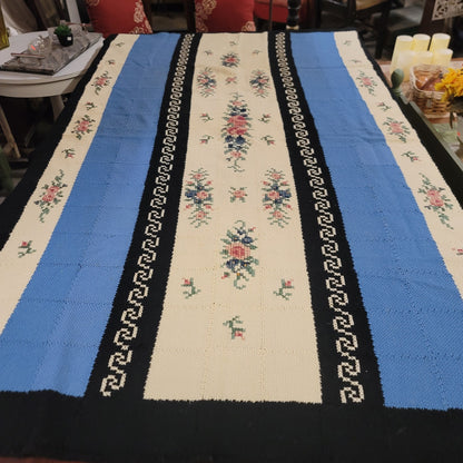 Handmade coverlet Needlework Floral Colorblock Blue Black Blanket Bedspread VTG