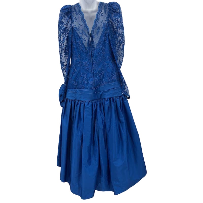 Vintage Blue 1980s High Low Lace Taffeta Dress Side Bow Crinoline 10 Long Sleeve