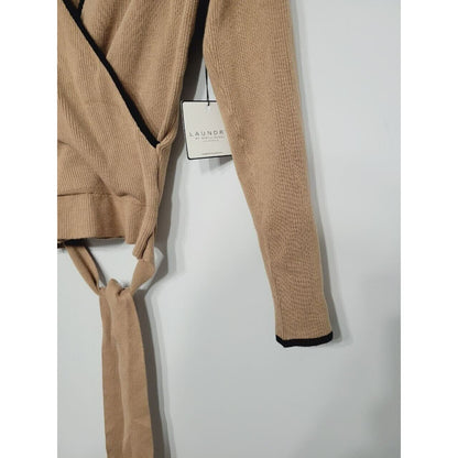 Laundry by Shelli Segal Ribbed Faux Wrap Surplice Top XS/Extra Small Camel NWT