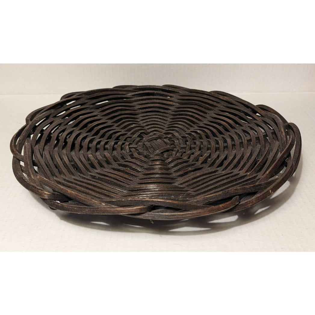 Vintage BENT WOOD Shallow Brown Wicker Basket 14.5" Large Plate Serve Ware