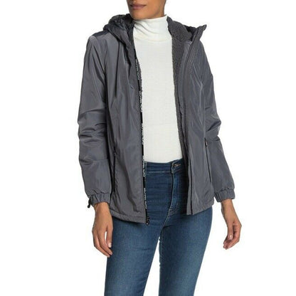 Michael Kors Missy Faux Shearling Gray Jacket Hood Elasticized Cuffs Large