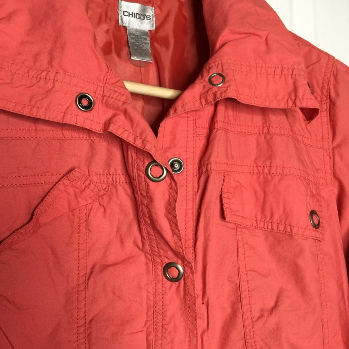 Chico's Snap Button Jacket Long Sleeve Zip Pockets Solid Red Size Large or 2