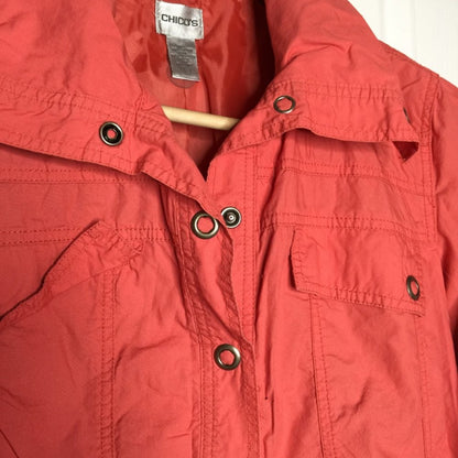Chico's Snap Button Jacket Long Sleeve Zip Pockets Solid Red Size Large or 2