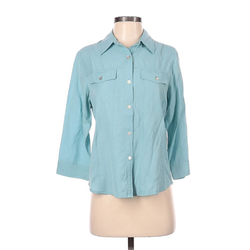 DressBarn Long Sleeve Button-Down Shirt Size Small Blue Rayon Polyester Blend
