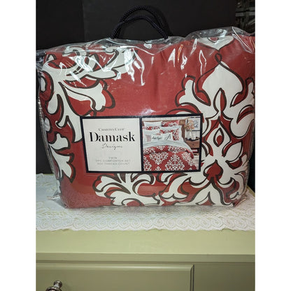 NEW CHARTER CLUB DAMASK RED OUTLINE TWIN 2 PIECE COMFORTER SET BEDDING 300TC