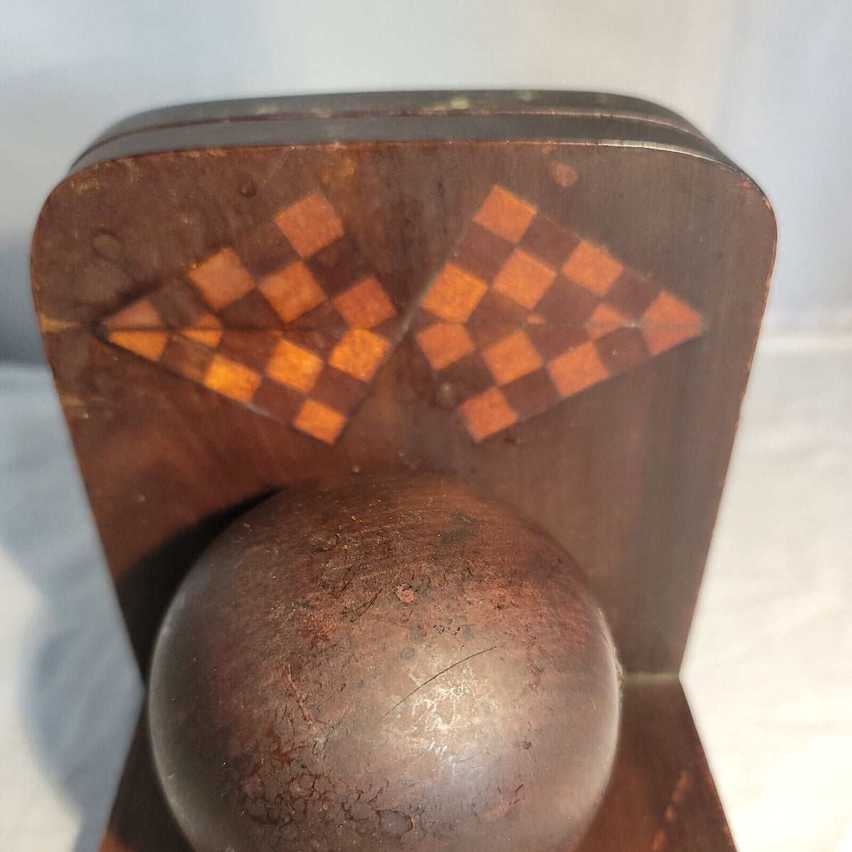 Vintage Pair Carved Wood Sphere Balls Orb BookEnds Walnut checkerboard Inlay MCM