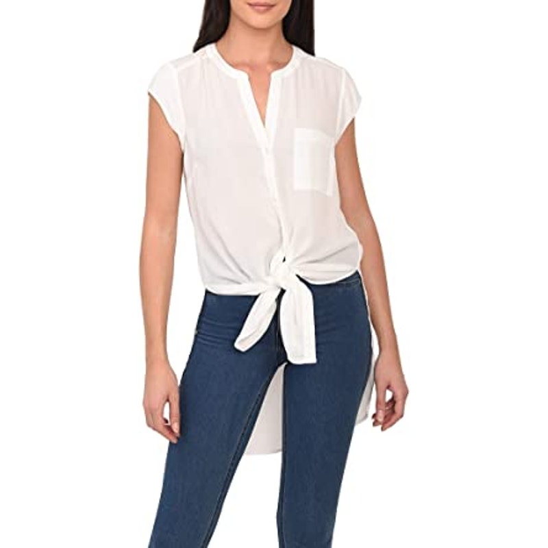 DR2 Sheer Ivory White Medium Front Tie High Low Sleeveless Blouse Top Shirt NEW