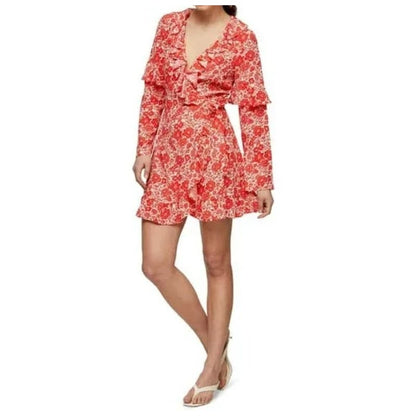 Topshop V-Neck Ruffled Floral Wrap Mini Dress Size 6 in Red Print NWT