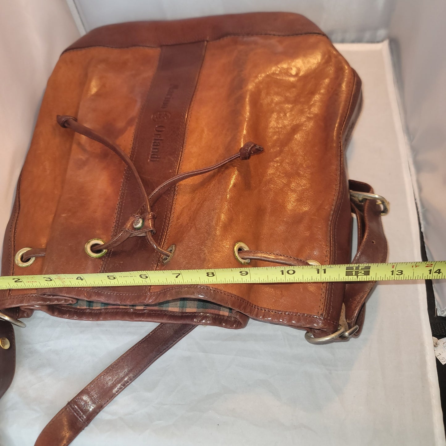 Marino Orlandi Leather Italian Bucket Bag NewBuck Cognac Drawstring Purse tartan