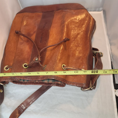 Marino Orlandi Leather Italian Bucket Bag NewBuck Cognac Drawstring Purse tartan