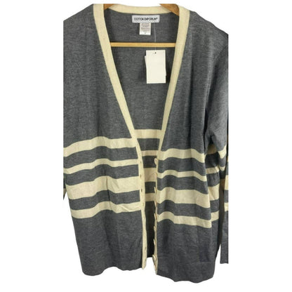 Cotton Emporium Womens Cardigan Sweater Medium Grey/Cream Stripe NEW Lightweight
