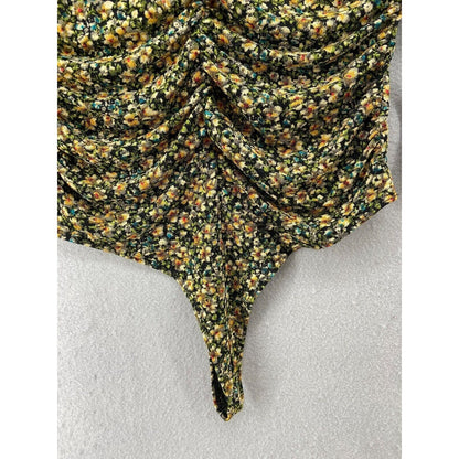 Leith Pull On Sleeveless Ruched V-Neck Bodysuit Black Mini Bloom XX-Large NWT