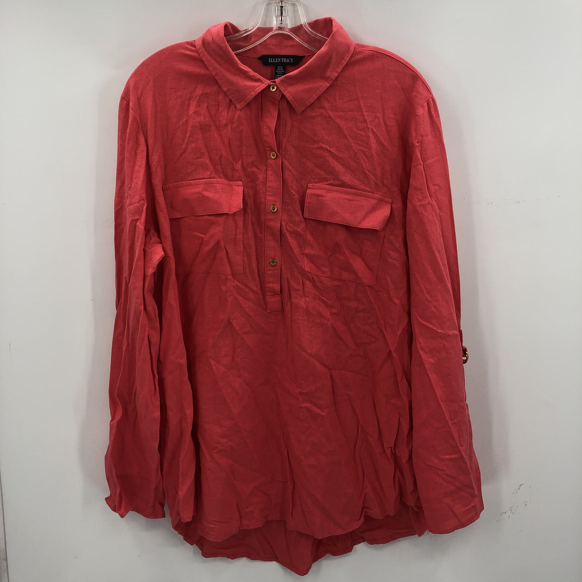 Eleen Tracy Women's Front Button Detail Blouse Top Roll Tab Sleeves Red X-Large