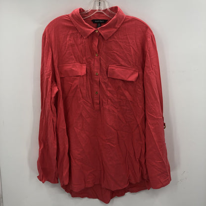 Eleen Tracy Women's Front Button Detail Blouse Top Roll Tab Sleeves Red X-Large