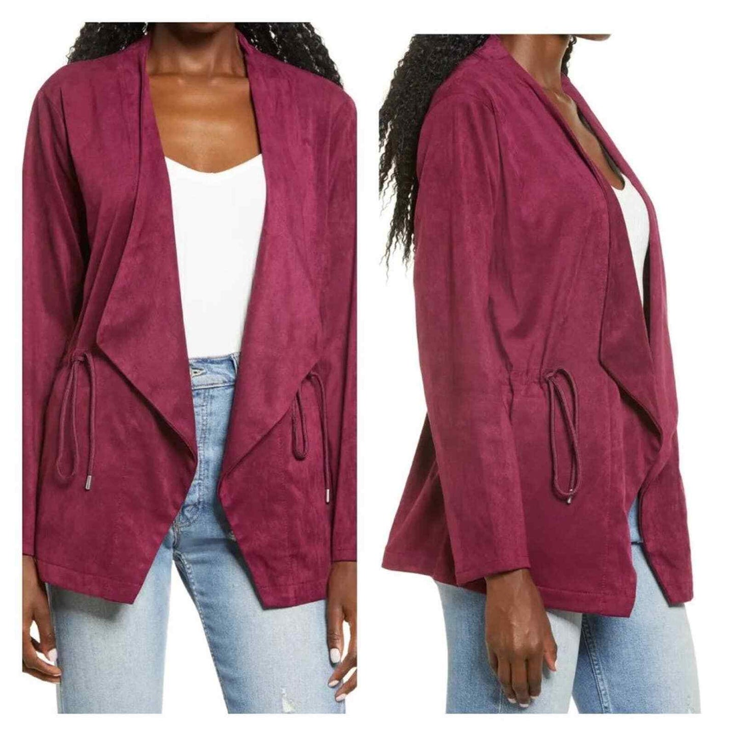 BLANKNYC Drawstring Waist Faux Suede Drape Lapel Jacket Sz Large Burgundy NWT