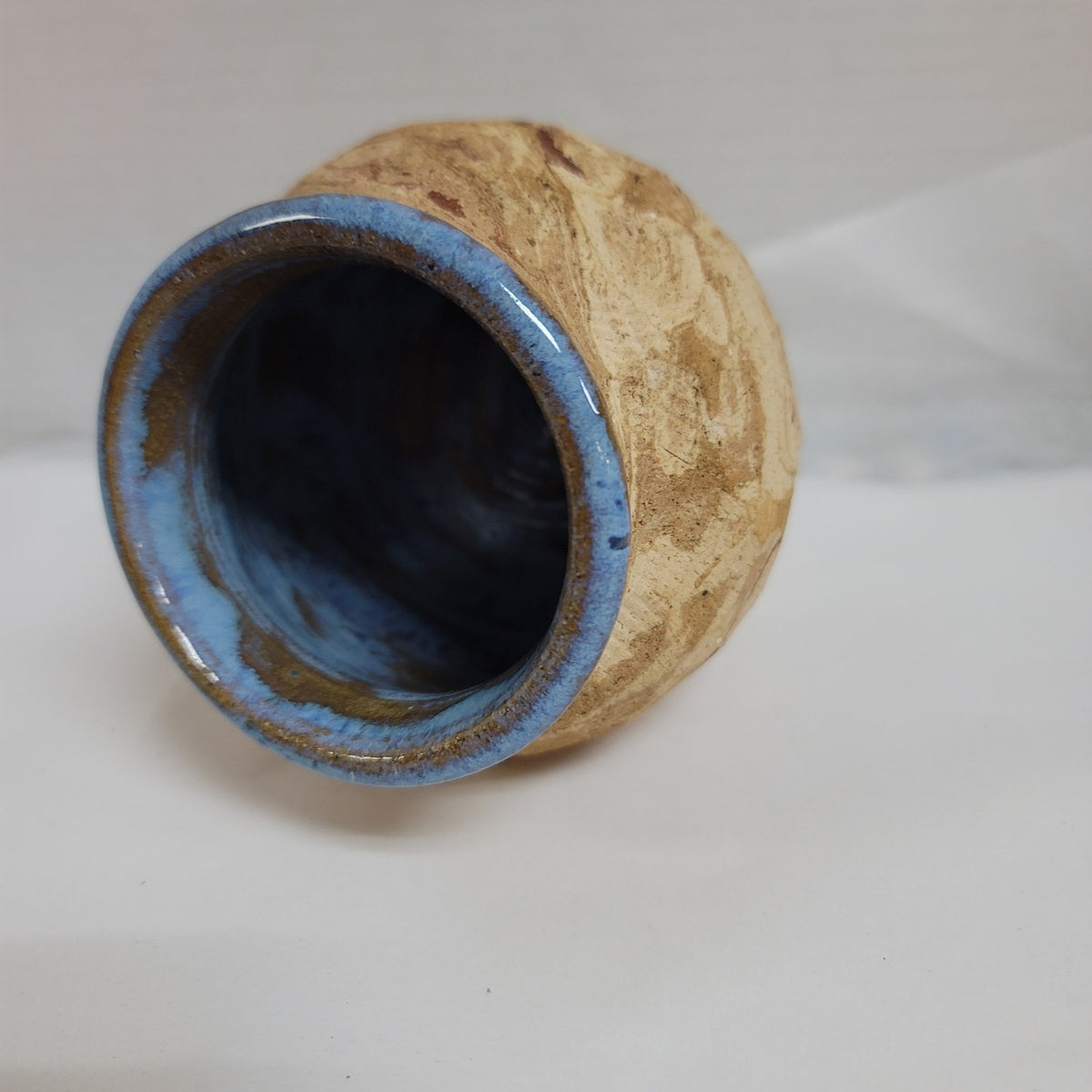 Art pottery clay vase shell imprinted earth tones Blue glaze Inside 4" handmade