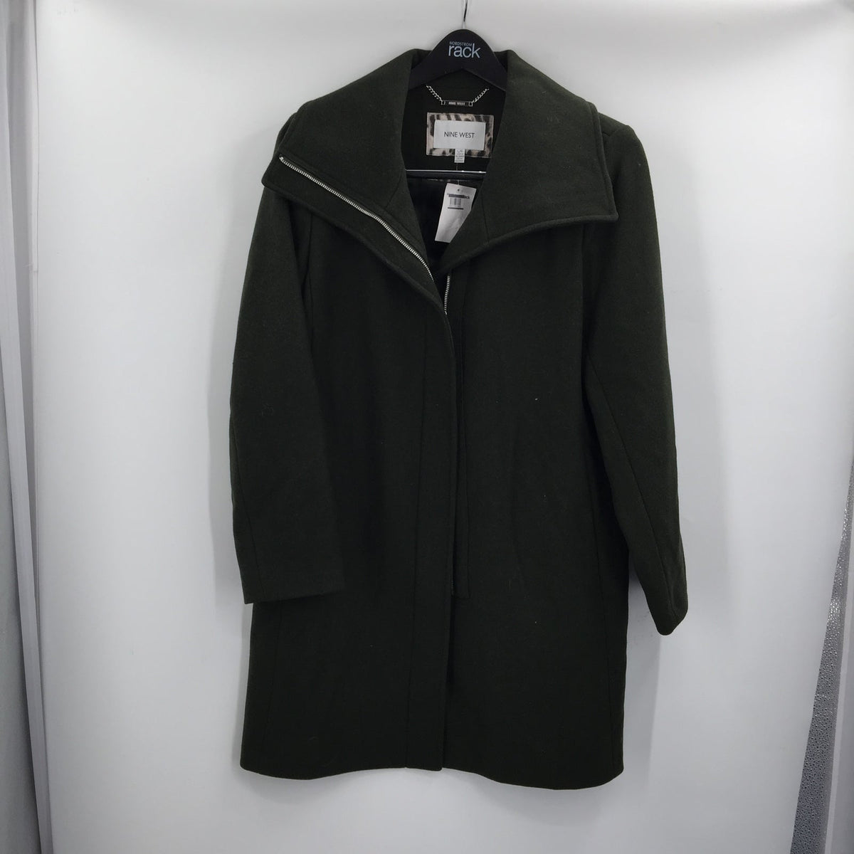 Nine West Wool Blend Winter Coat Jacket Front Full Zip Solid Green Size Large