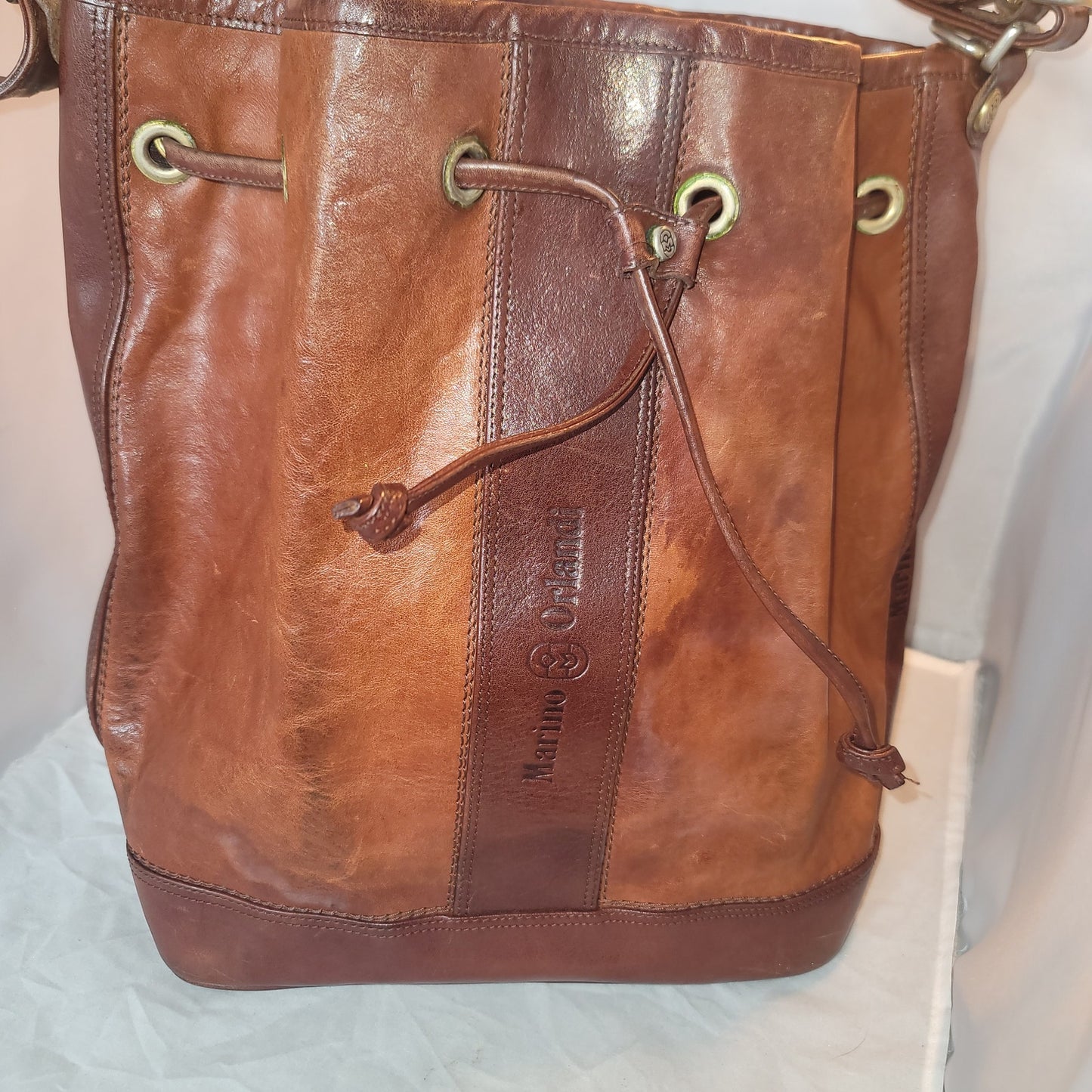 Marino Orlandi Leather Italian Bucket Bag NewBuck Cognac Drawstring Purse tartan