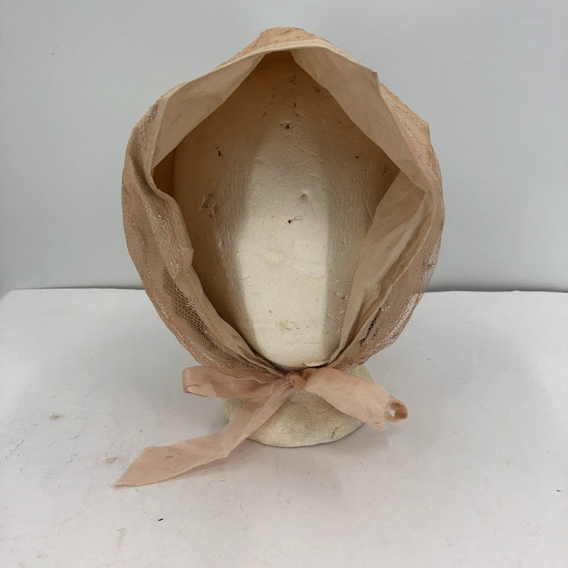 Vintage 1950's Hair Bonnet Vinyl w/ Metallic Mesh Overlay Neck Tie Curlers NUDE