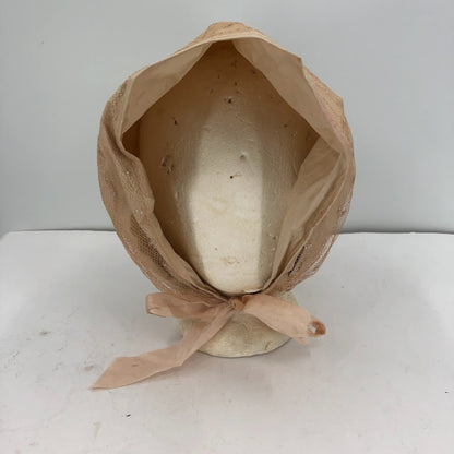 Vintage 1950's Hair Bonnet Vinyl w/ Metallic Mesh Overlay Neck Tie Curlers NUDE