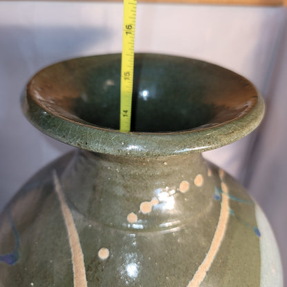 Large art pottery vase URN Clay Signed Pennington Green Blue Modern Design 15.5