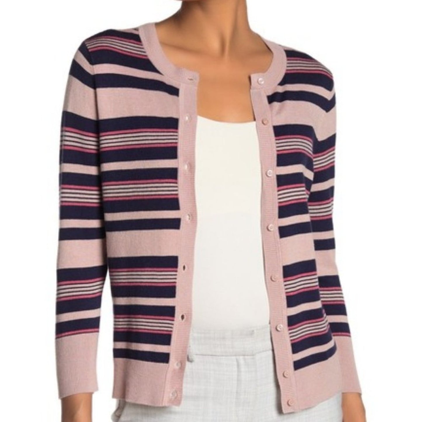 NEW Halogen Front Button Cardigan Sweater Crew Neck Long Sleeve Multi Striped 3X