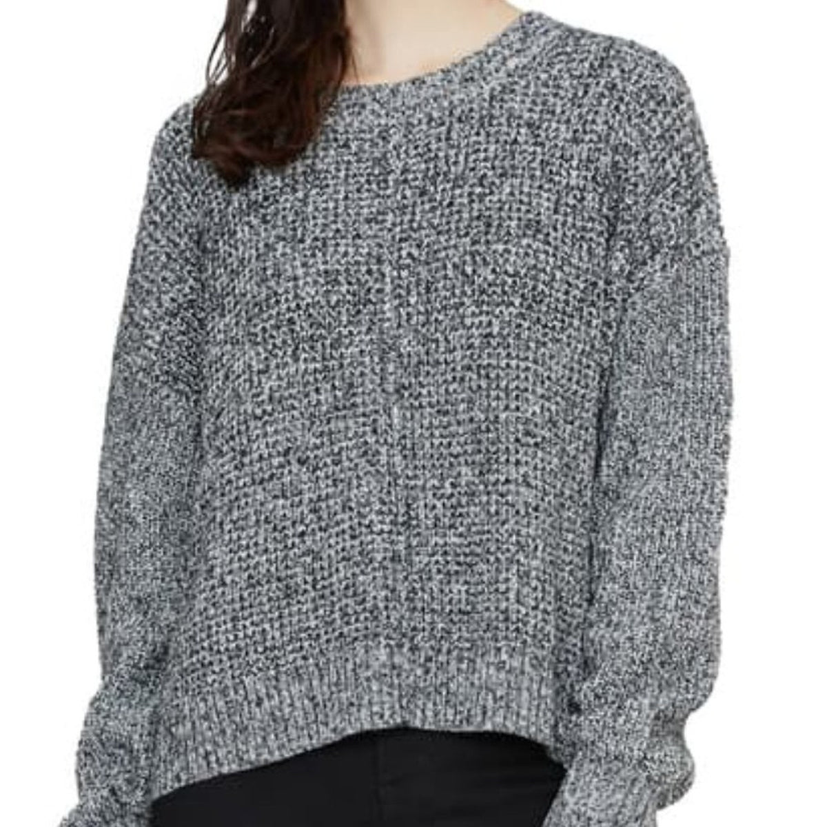 Sanctuary Chunky Knit Pullover Sweater Long Sleeve Crew Neck Marled Black Large