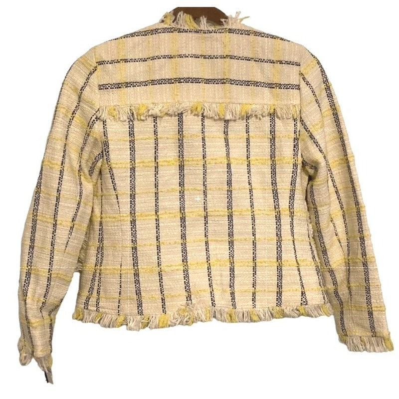 Halogen Estelle Tweed Fringe Plaid Jacket XXSP / 2XS Petite in Ivory Navy NWT