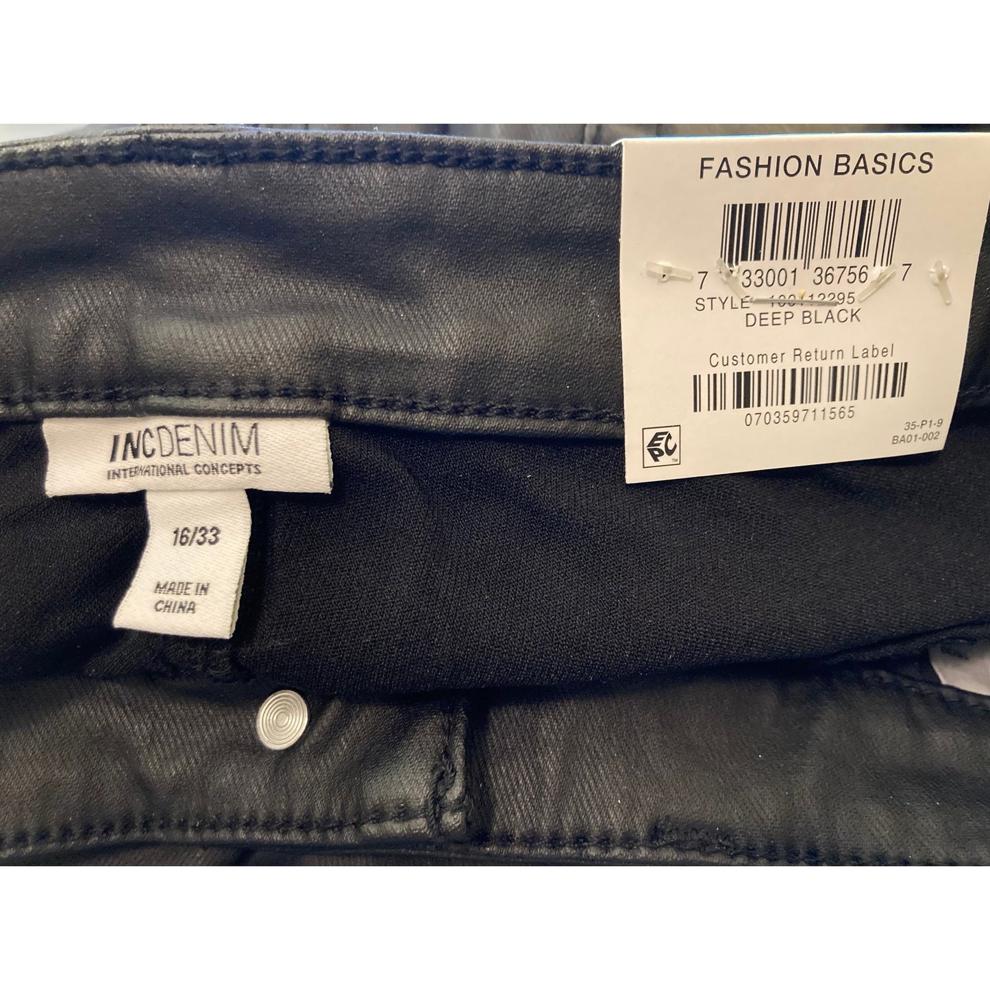 I.N.C. Denim Skinny High Rise Faux Leather Pants Sz 16/33 Curvy Short Black NWT