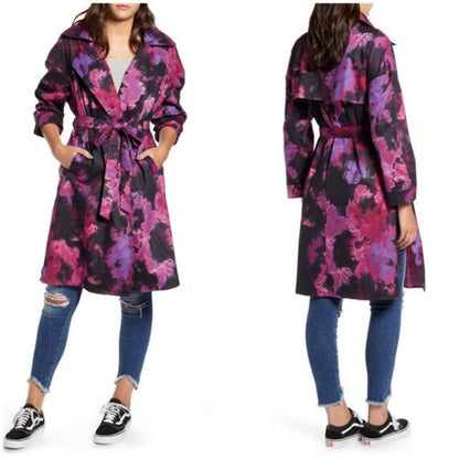 Tinsel Floral Lightweight Trench Jacket Small Purple Tie Dyed Belted Coat NWT