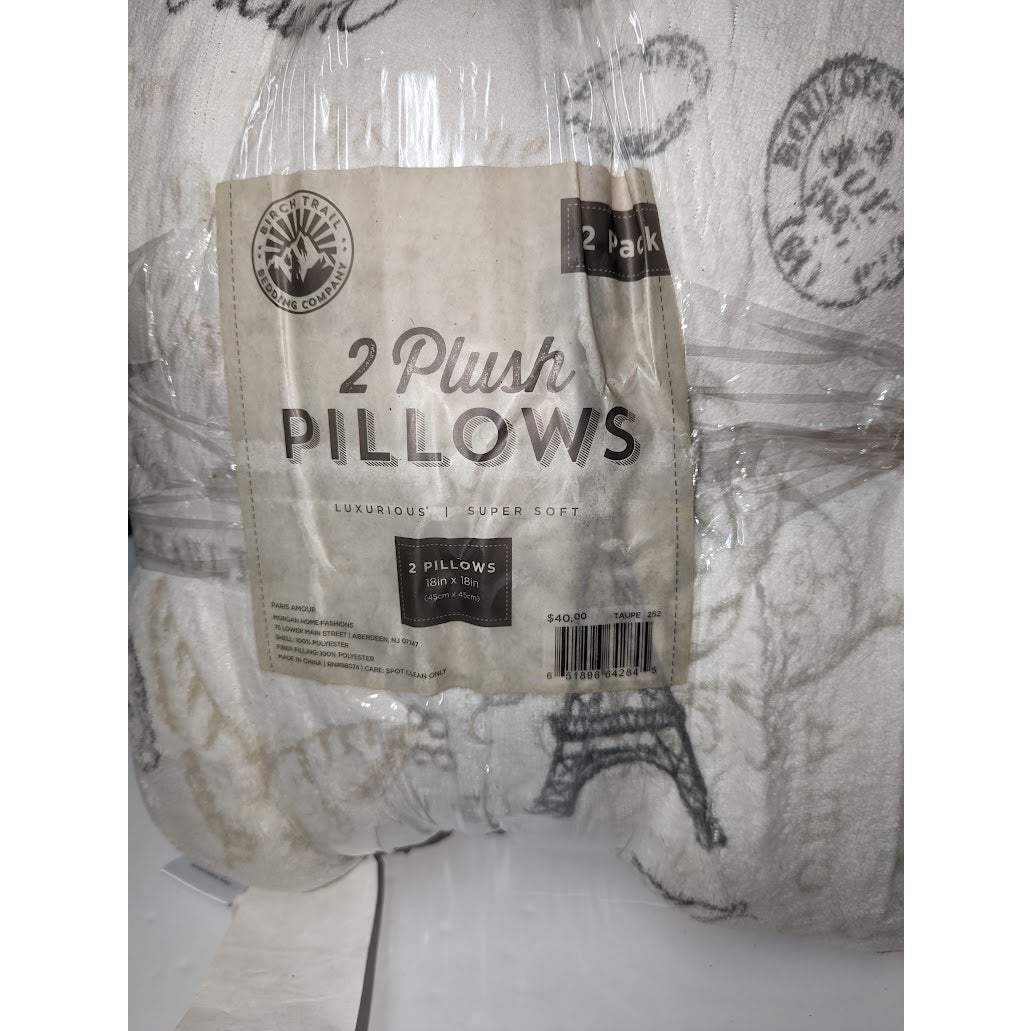 BIRCH TRAIL Bedding Paris Amour Plush Pillows 18" Decorative 2-Pack Taupe New
