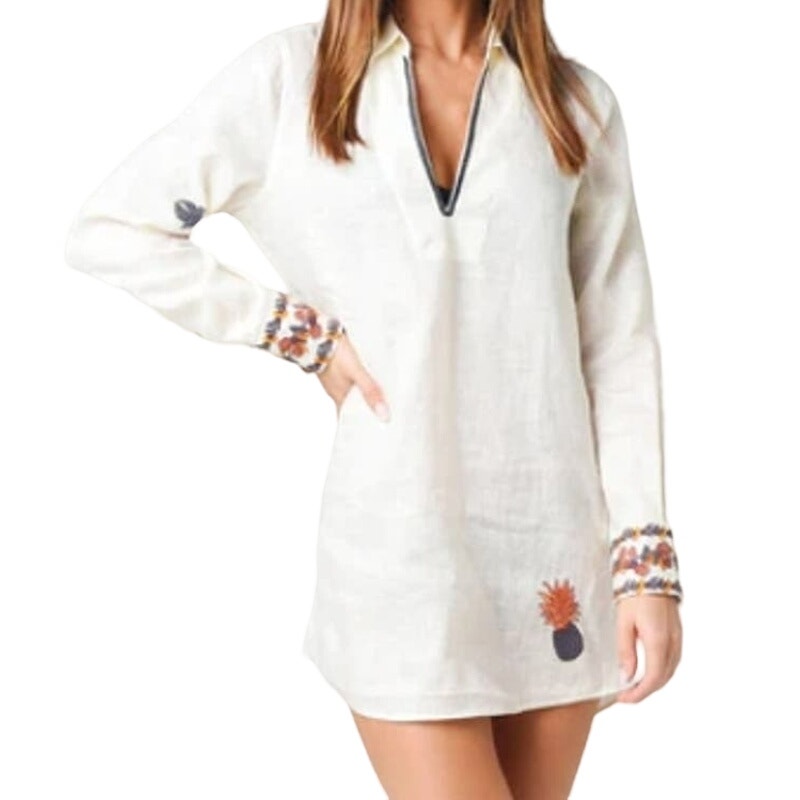 Tory Burch Embroidered Beach Shirt Top Sz XS/Extra Small in Ivory Multi NWT