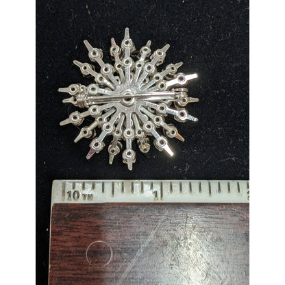 Vintage Starburst Rhinestone Brooch Pin Silver Tone Metal Snowflake