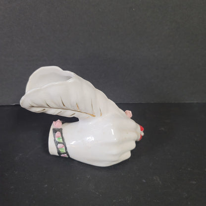 Porcelain hand bud vase vanity Vintage 1950’s Feather Pen Holder White Florals