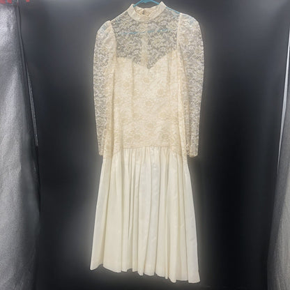 Vintage 80s Gold Lace Sheer Illusion High Neck Drop Waist Midi Dress Wedding
